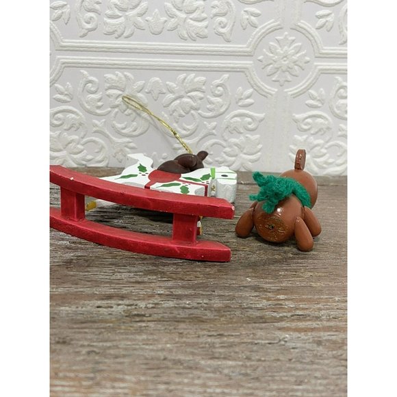 Set Of 2 Teddy Bear Ornaments - Brown Wooden Wood Miniature Ornament - Picture 5 of 10